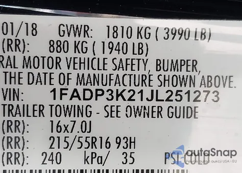 2018 Ford Focus Se из США, поврежденный, VIN 1FADP3K21JL251273